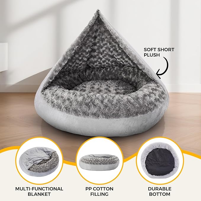 Small Dog Bed with Blanket Removable Cover Cave Washable Cat Pet Bed for Crate Toy Puppy Donut Round Plush Cozy Anti-Slip Bottom Gray 23X23X7 inch