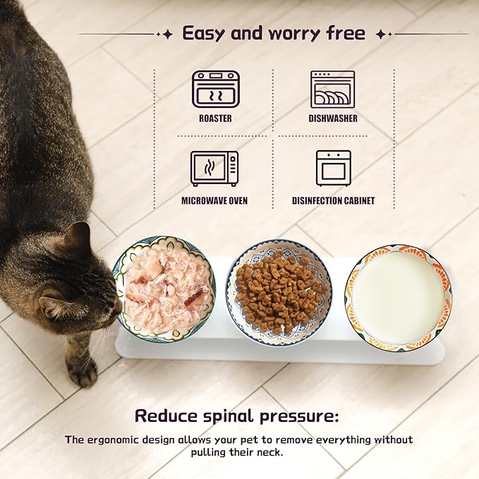 3Pcs Ceramic Cat Food Bowls, 5.5 Inches with Nonslip Silicone Bottom, Anti Whisker Fatigue Plates for Indoor Kittens, Wide Shallow Dishes for Dry and Wet Food