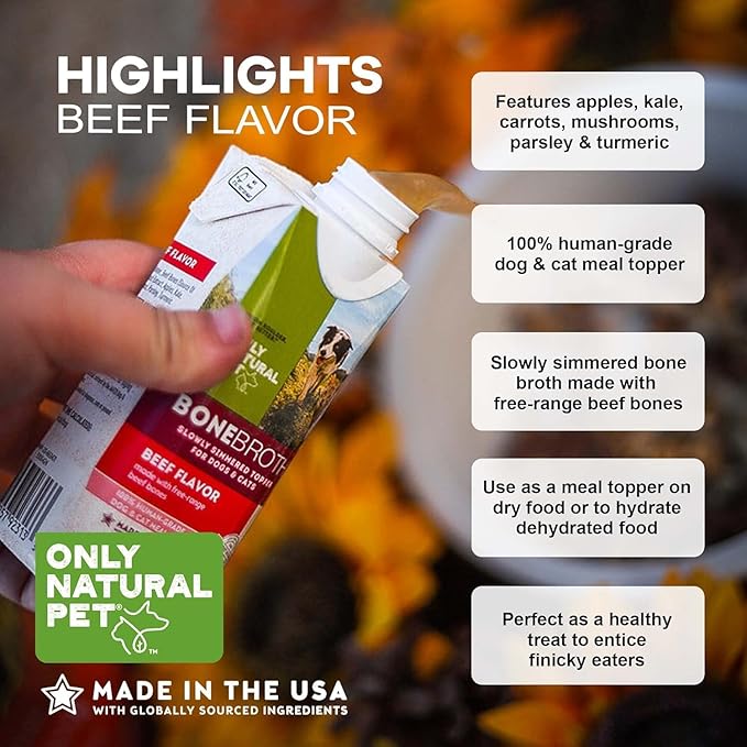 Only Natural Pet Bone Broth Beef Flavor Dog & Cat Meal Topper, 100% Human-Grade Slow-Simmered, Free-Range for Dry Food or to Hydrate Dehydrated Food - (12-Pack / 11.16 oz Each)