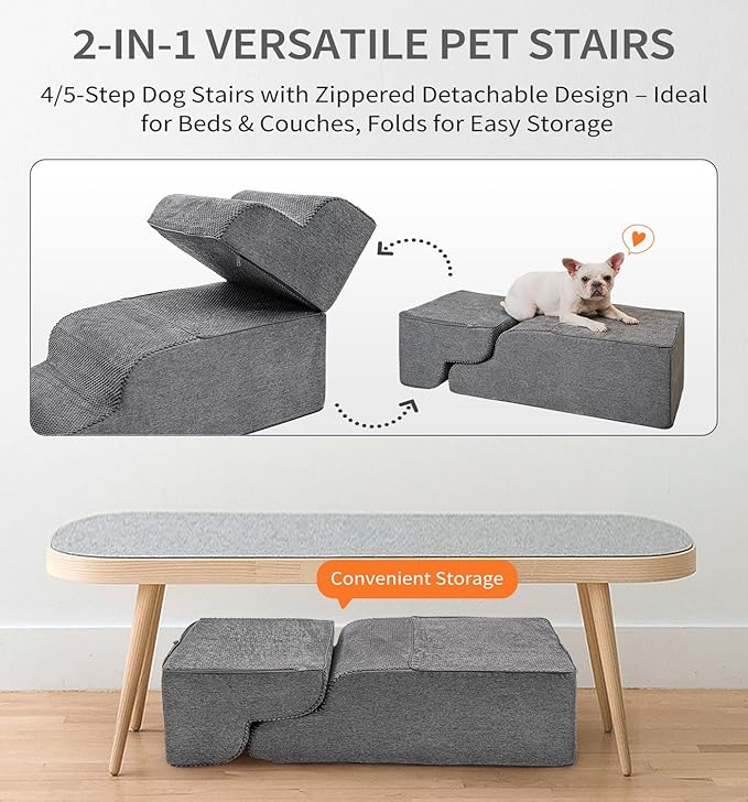 Made4Pets Dog Stairs Ramp for High Bed, 5-Step Pet Stairs for Bed Couch Sofa Climbing, 35D Foam Pet Steps for Small Dogs and Cats, Non-Slip Bottom Dog Steps, Grey