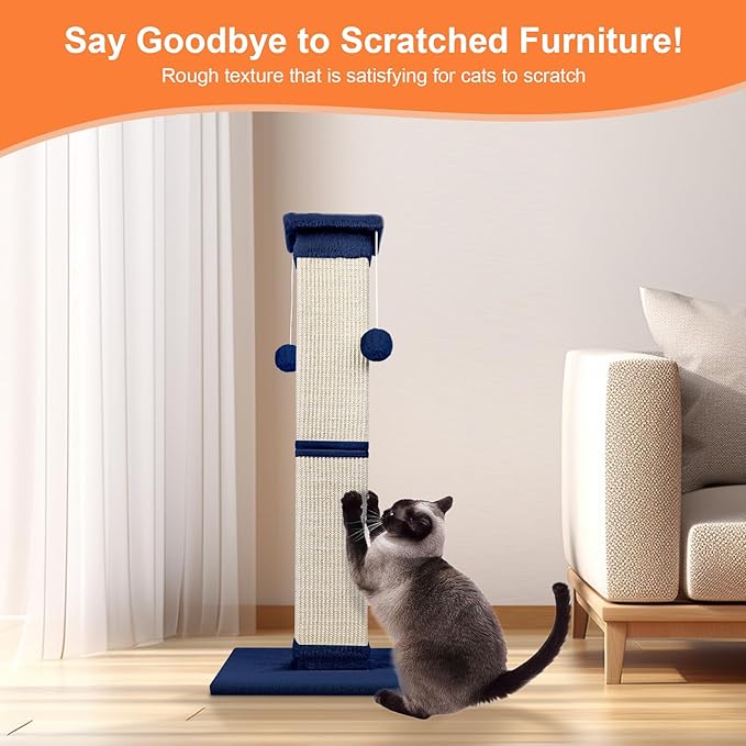 Cat Scratching Post 33 Inch Nature Sisal Scratch Post for Indoor Cats, Large Cat Scratcher Protect Your Furniture, for All Breeds Blue