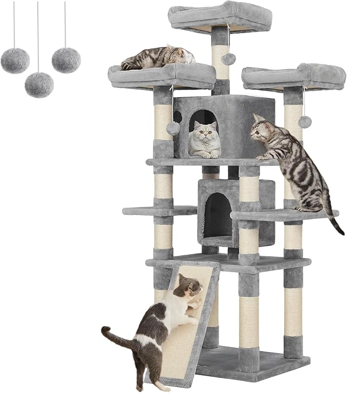 Feandrea 67 Inches Multi-Level Cat Tree for Large Cats, with Cozy Perches, Stable, Light Gray UPCT18W