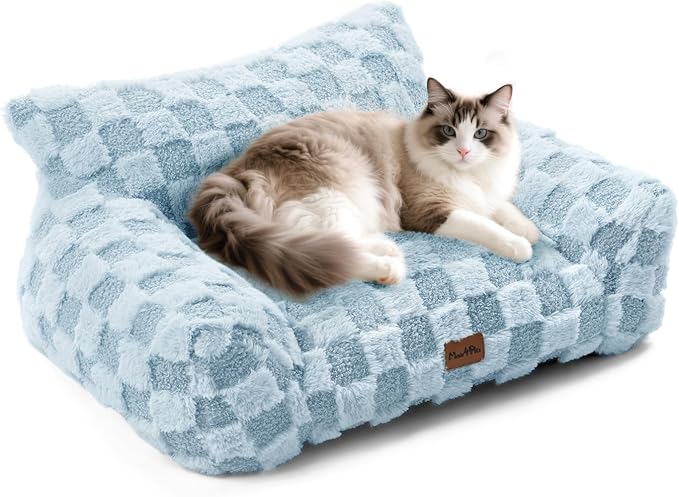 MADE 4 PETS Cat Couch Bed, Soft Faux Fur Checkered Pet Sofa, Calming Fluffy Cat Sofa with Supportive Foam, Removable Washable Cover with Non-Slip Base, Blue, Small
