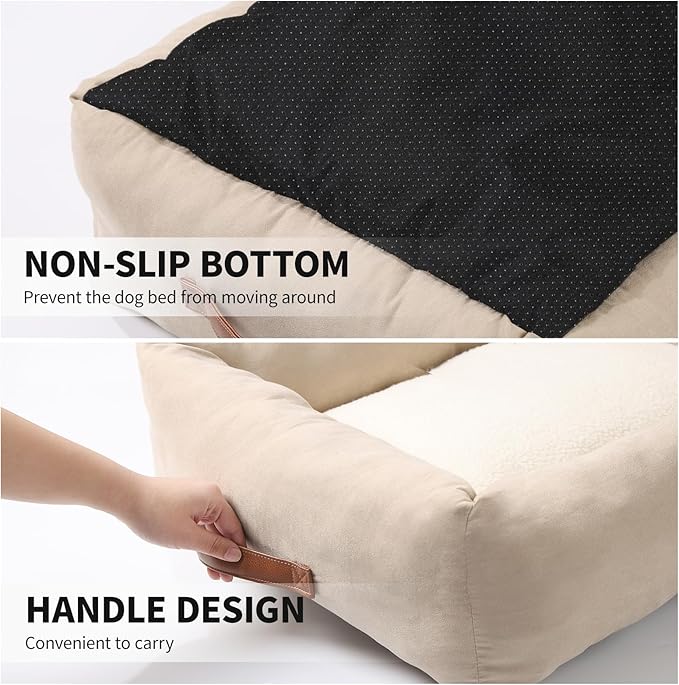 25In Dog Bed for Small Medium Sized Dogs - Washable Rectangle Puppy Bed for Indoor, Cozy Pet Bed with Support Pillow & Non-Slip Bottom(Beige, Medium)