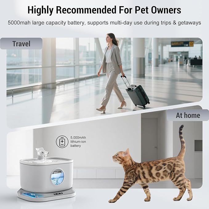 Cordless Cat Water Fountain, 2.6L/88oz Water Fountains for Cats Indoor, Wireless Pump Auto Shut-Off Radar Sensor Automatic Water Dispenser Battery Operated Pet Drinking + 2 * 7-Layer Large Filters