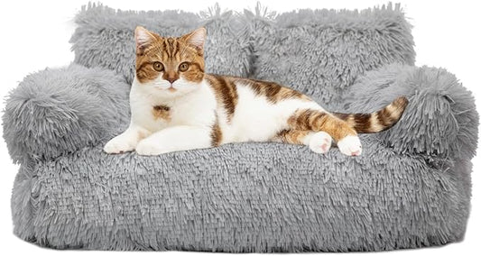 Cat Couch Bed for Indoor Cats, Calming Pet Sofa Puppy Sleeping Bed with Removable Washable Cover, Cute Dog Couch and Kitty Lounge Chair for 18lbs Cat & Small Dog(Plush Gray)
