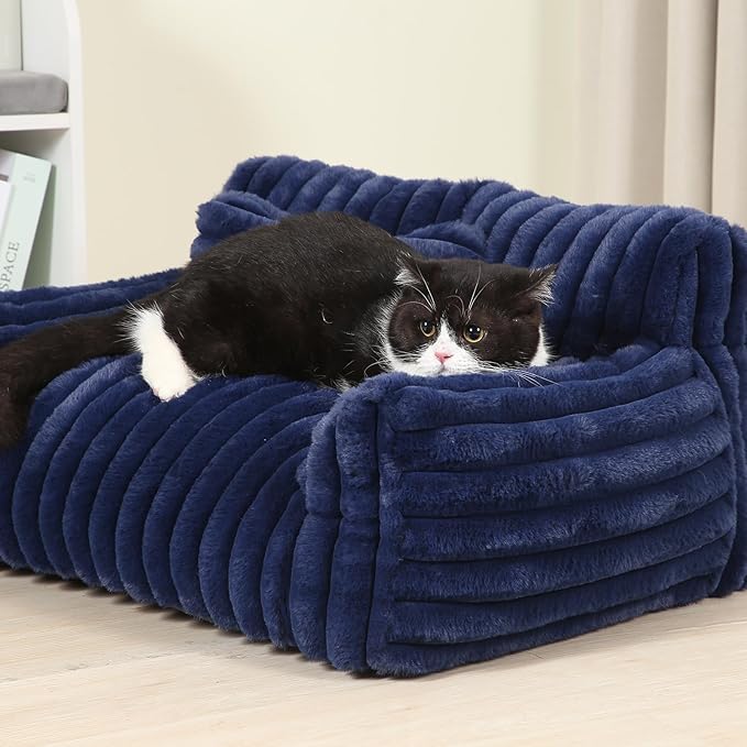 Fluffy Cat Bed, Small Dog Bed with Bone Shaped Pillow, Anti-Anxiety Pet Couch with Washable Cover, Blue