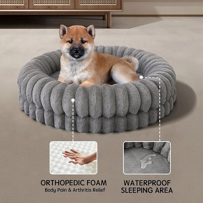 BALANCE Luxury Donut Dog Bed, 30 Inches Round Dog Bed Medium Size Dogs Washable, Orthopedic Calming Dogs Bed for Pets with Anti-Slip Bottom, Gray