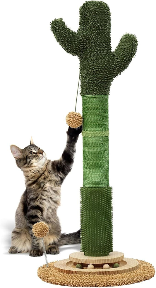 OTOB 36" Tall Cat Cactus Scratching Post, Natural Sisal Rope Cat Scratcher Post, Vertical 6-in-1 Interactive Turntable Cat Scratch Post with Soft Ball Toys, Protect Your Furniture (Green/Brown)