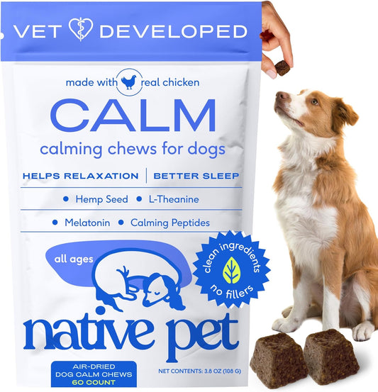 Native Pet Calming Chews for Dogs - Melatonin for Dogs Anxiety Relief - Grain Free All Natural Hemp Calming Treats & L-Theanine Helps Manage Stress & Separation Anxiety - Puppy Sleep Aid - 60 Chews