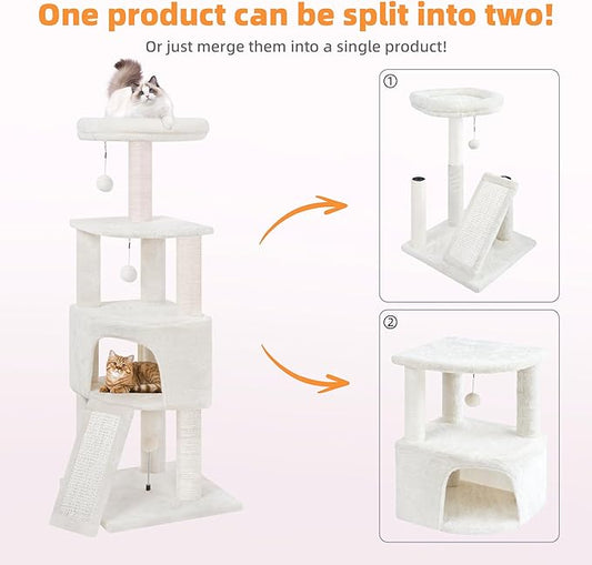 45in Cat Tree Tower with Big Condo for Indoor Kitten,Cat Tower with Scratching Post,Scratching Board and Cat Toys,Multi-Level,Small Space,Transformer Cat Tree, Beige(New)