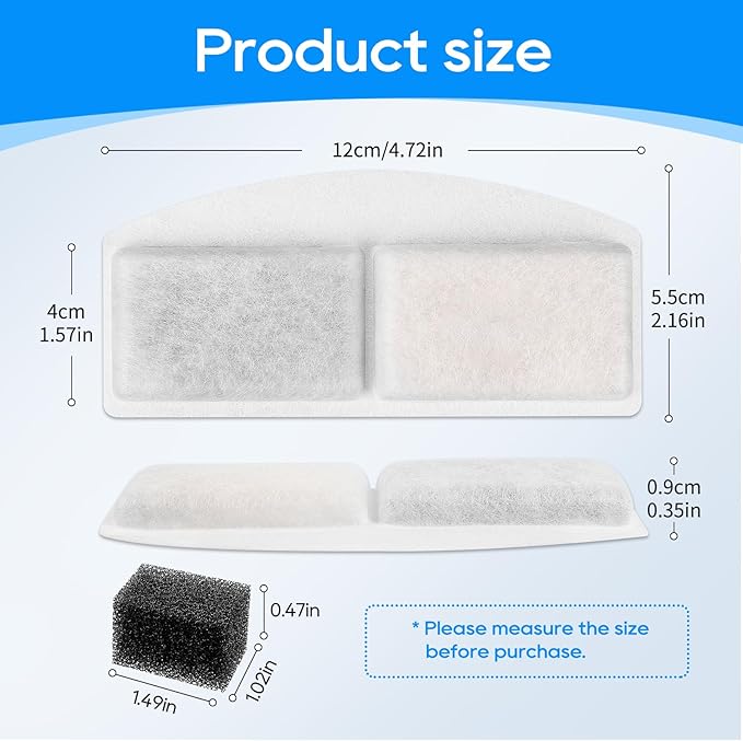 12 Pack Cat Water Fountain Filter Compatible with 100oz/3L Automatic Pet Fountain and 12 Pack Replacement Pre-Filter Sponges, Pet Fountains Filters for Cat Dog Water Dispenser
