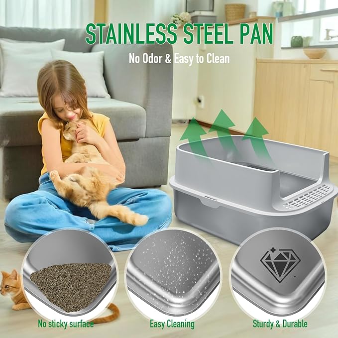 Stainless Steel Cat Litter with Lid, XL Extra Large Enclosed Cat Litter Box for Big Cats, High Sides Metal Litter Box, Anti Leakage,Odor-Free & Easy Cleaning,Include Scoop & Foot Board