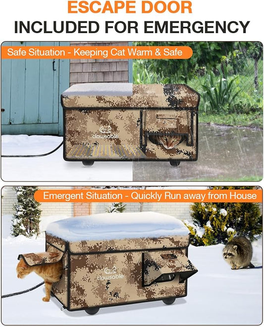 Indestructible Heated Cat House for Outside Cats Winter, 100% Weatherproof, Safe Escape Door, Insulated Outdoor Cat Shelter with Heater for Feral Barn Cat Kitty (Desert Camouflage, 12"x16"x14")