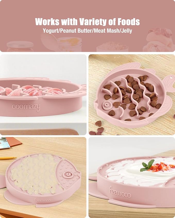 Coomazy 2-in-1 Silicone Slow Feeder Dog Cat Bowls, Lick Mat Interactive Puzzle Toy for Pets Dry/Wet Food Training, Keeps Dogs Cats Busy, Prevents Puppy Kitty Overeating (Pink, 1.2 Cup)