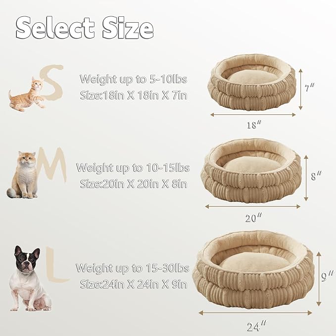 Cat Beds for Indoor Cats,Kitten Bed,Dog Bed for Small Dogs Breeds,Puppy Kennel Bed, Comfy Durable Pet Sleeping Bed, Washable Roun Cat Beds & Non-Slip Bottom, Beige 20" L x 20" W x 8" Th