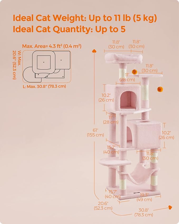 Feandrea Cat Tree, 61-Inch Cat Tower for Indoor Cats, Plush Multi-Level Cat Condo with 5 Scratching Posts, 2 Perches, 2 Caves, Hammock, 2 Pompoms, Jelly Pink UPCT192P01