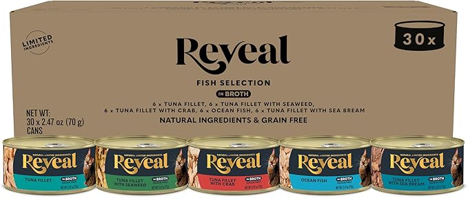Reveal Natural Wet Canned Cat Food, Limited Ingredient, Grain Free, Protein with No Artificial Additives, Fish and Chicken Variety in Broth (20 x 2.47 oz Cans)