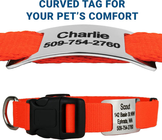 GoTags Personalized Dog Collar with Nameplate, Adjustable Dog Collar with Custom Engraved Slide On Pet ID Tag in Stainless Steel, Silent, No Noise Dog Tag for Large Medium and Small (Orange, Large)