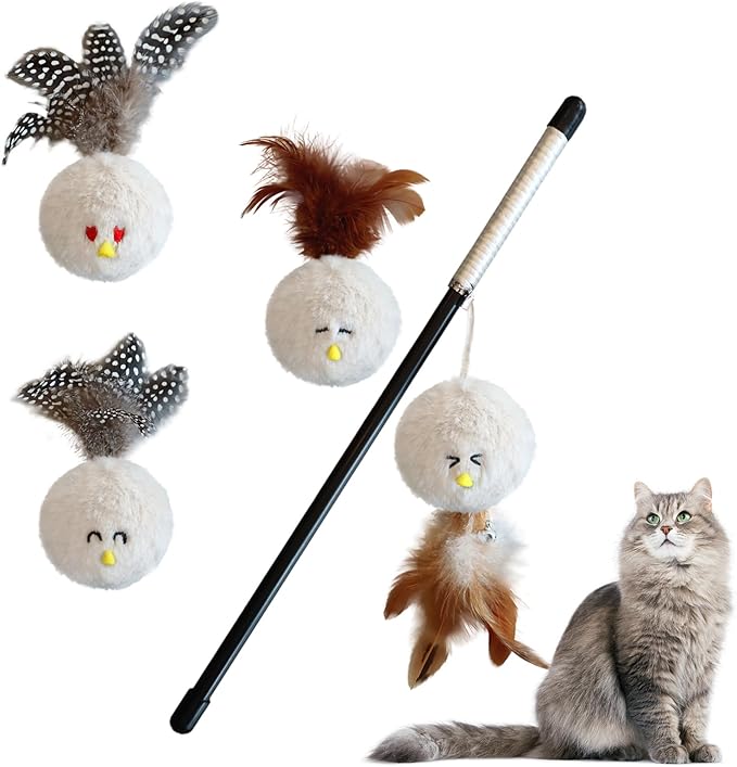 Interactive Cat Wand Toy with Feather,4 Pcs Plush Ball Cat Teaser Sticks with Catnip & Bell Cats Toys for Indoor Play Chase Exercise with Kittens