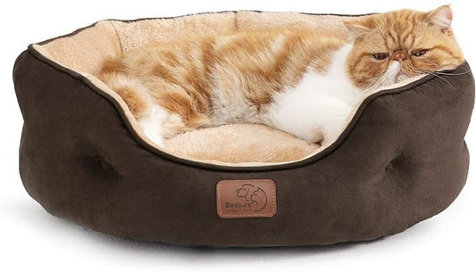 Bedsure Dog Beds for Small Dogs - Round Cat Beds for Indoor Cats, Washable Pet Bed for Puppy and Kitten with Slip-Resistant Bottom, 20 Inches, Brown