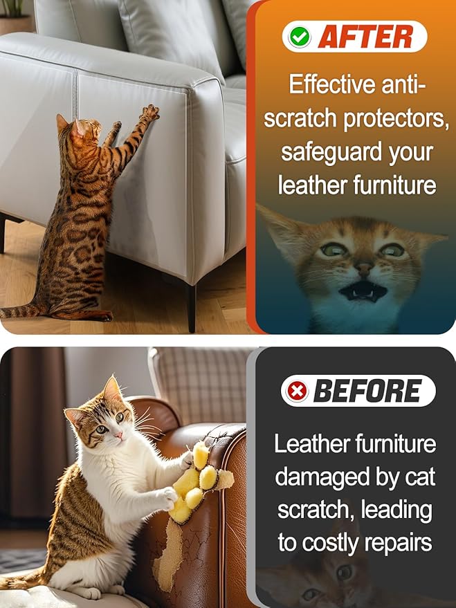 Cat Scratch Furniture Protector - Specially Designed for Leather Furniture, Easy to Remove Anti-Scratch Couch Protector from Cat, No Pins, 10 Pack