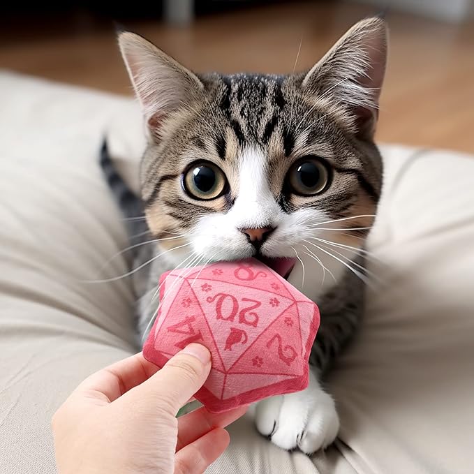 CiyvoLyeen D20 Dice Catnip Toy, DND Interactive Cat Toy Gifts for Role Playing Tabletop Game Soft Plush Funny Cute Kitten Teething Chew Pet Supplies Cat Lover Witchy Gift Idea Dnd Accessories Set of 5
