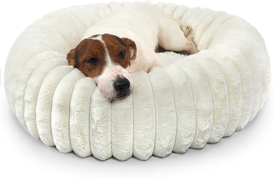 Donut Small Dog Bed Washable - Dog Beds for Small Dogs and Cats with Corduroy Fleece & Anti Slip Bottom, Calming Round Faux Fur Cute Pet Bed for Puppy Kitten, Cream, 23x23x6 inches