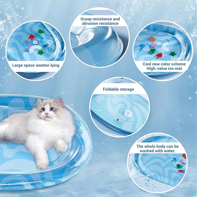 DHorse Pet Water Bed,Thickened Sensory Water Playmat for Dogs Cats with Fish Toys,Cooling Mat,Puncture Proof Cooling Mat,Washable Inflatable Playmat,Summer Indoor Interactive Pet Toys (Blue B,Large)