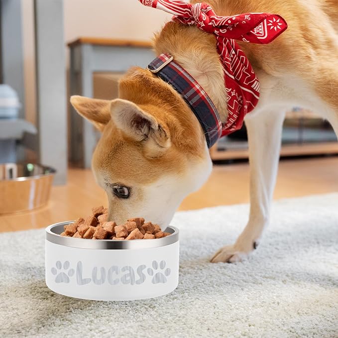 Custom Personalized Dog & Cat Bowls - Stainless Steel Non-Slip Water & Food Dishes - Easy to Clean, Dishwasher Safe - Small, Medium, Large Sizes (White)