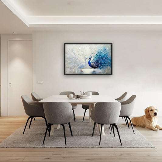 Quorin Peacock Large Wall Art Blue and White Pictures Elegant Animal Wall Decor Canvas Print Painting Artwork for Bathroom Living Room Bedroom 36L x 24W