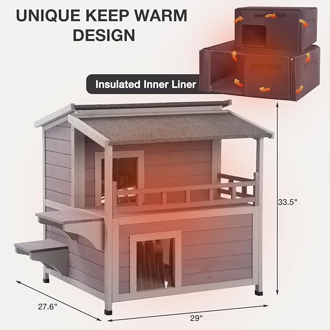 Insulated Cat House Outdoor, Weatherproof Kitten Home with Large Balcony and Funny Stairs, Wooden Feral Cat Shelter with Two Rooms