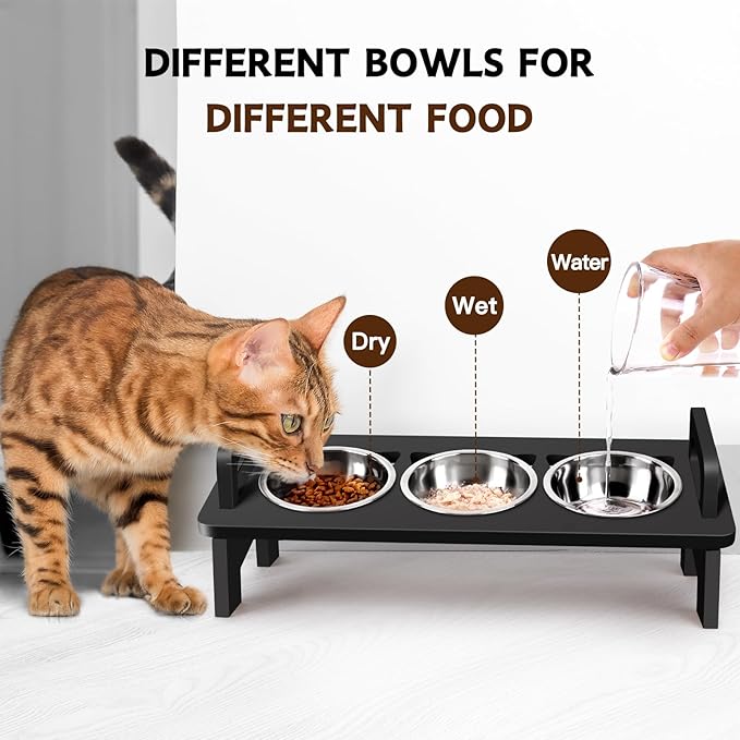 Elevated Cat Food Bowl, 3 Stainless Steel Raised Cat Bowls with Stand, 15°Tilted Cats Bowl for Indoor Cats, Pet Food and Water Bowl Set, Anti Vomitting, Whisker Fatigue and Dishwasher Safe - Black
