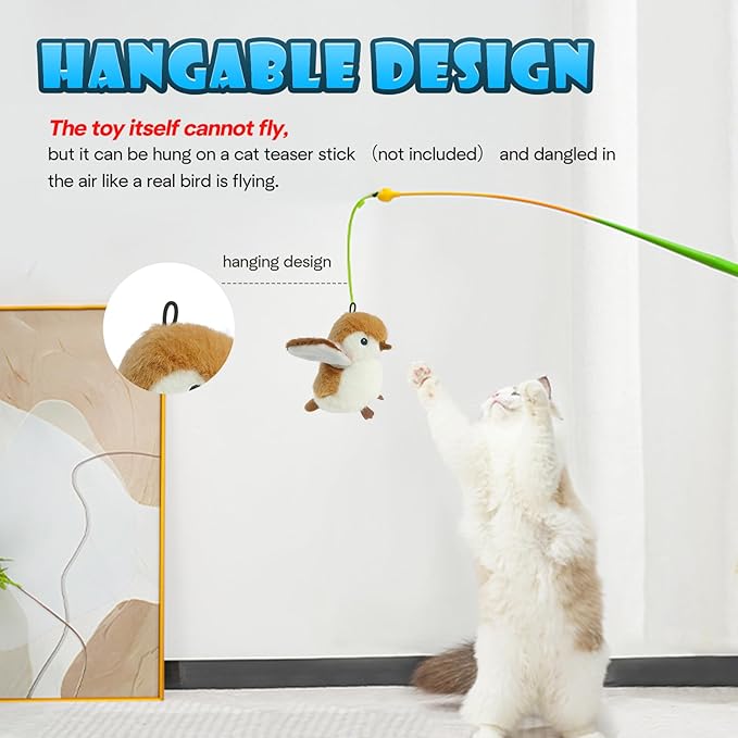 Cat Toys, Flapping Wings Sparrow, No Flying, Chirping Bird Interactive Catnip Toy for Kitten or Small Dogs, Touch Activated, Rechargeable, 3 Modes