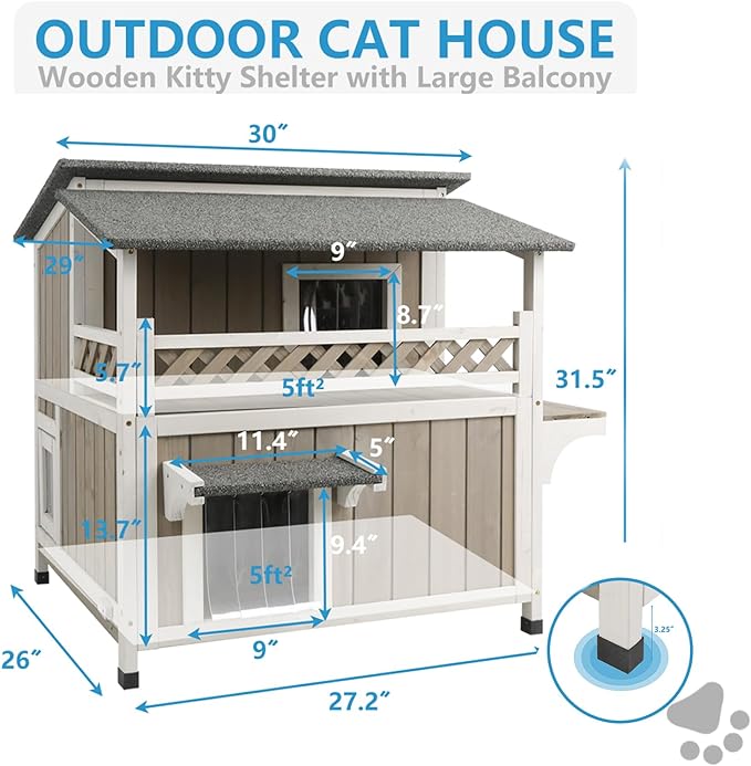 Feral Cat Shelter Outdoor Weatherproof Houses for Cats Two Story Wooden Cat House Outside Feral Cat House with Balcony Waterproof, Escape Doors