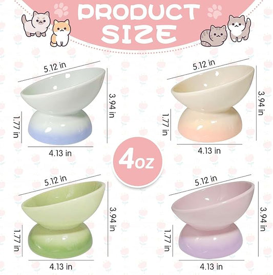 kathson 4 Pcs Ceramic Raised Cat Bowls, Elevated Tilted Cat Food Bowl, Anti Vomiting Pet Food Bowl, Colorful Porcelain Pet Feeder Dish for Cats and Small Dogs,Stress Free, Whisker Fatigue