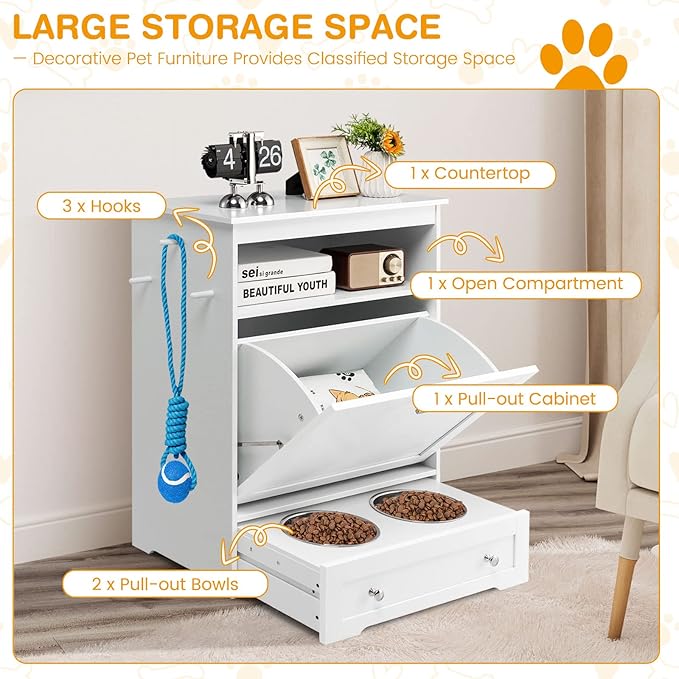 Tangkula Pet Feeder Station, Dog Food Storage Container with Double Pull Out Dog Bowls, Pet Food Toy Organizer Cabinet, Pet Feeding Station Furniture for Dogs Cats Feeding & Watering Supplies (White)