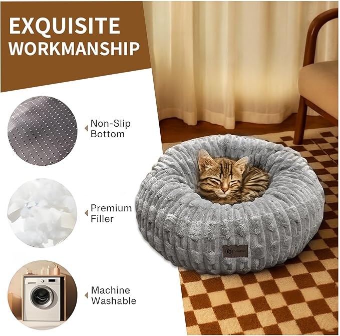 ShinHye Cat Bed - Washable Donut Bed for Cats and Small Dogs, Calming Round Pet Bed with Non-Slip Bottom, Indoor Comfort for Puppy & Kitten(ZJ-Grey-23x23)