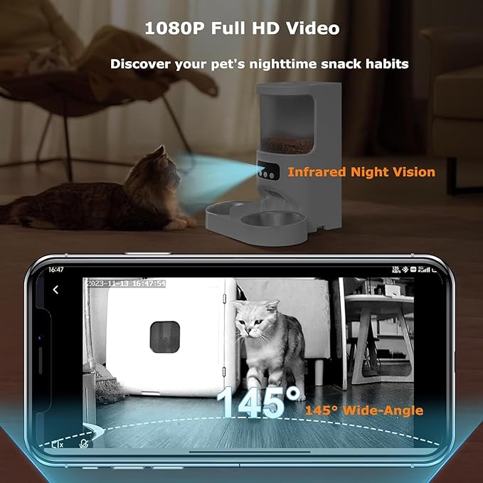 Automatic Cat Feeder with Camera for 2 Cats,1080P HD Video Night Vision Pet Feeder Food Dispenser, 5G&2.4GHz WiFi Pet Feeder with 2 Way Audio,Smart App Control 4L Pet Dry Food Dispenser for Cat/Dogs
