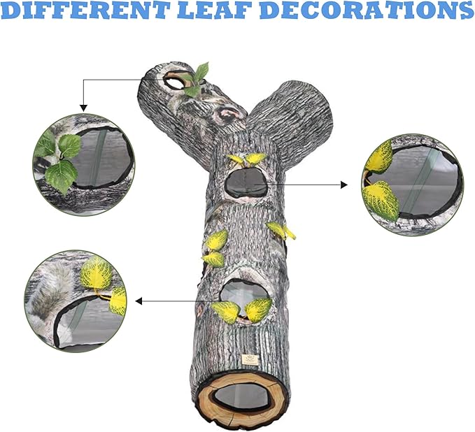 Tree Trunk cat Tunnel，Cat Tunnels for Indoor Cats, Cat Bed Tree Hole Toy with Three Channels and Leaves, Foldable & Easy to Store, Suitable for Cats and Other Small Animals to Chase and Play