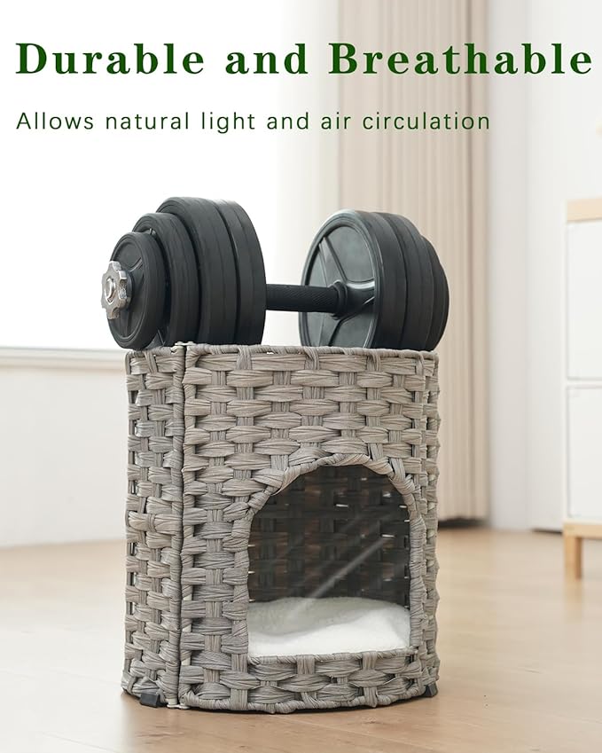 Cat House for Indoor Cat, Small Cat Houses Handwoven PE Rattan Kitten Cave, Pet Kitten Bed Covered, One Bed Pad, 13 x 13 x 13.7 Inches, Foldable Hideaway in Living Room Gray