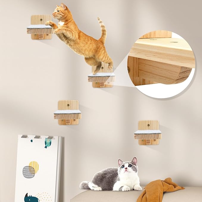 Cat Wall Shelves with 4 Step Scratch Post & Hammock Bed Wooden Floating Climbing Furniture for Sleeping and Playing Indoor Cat Climbing Shelf Corner Shelf Perches Support 20 LBS