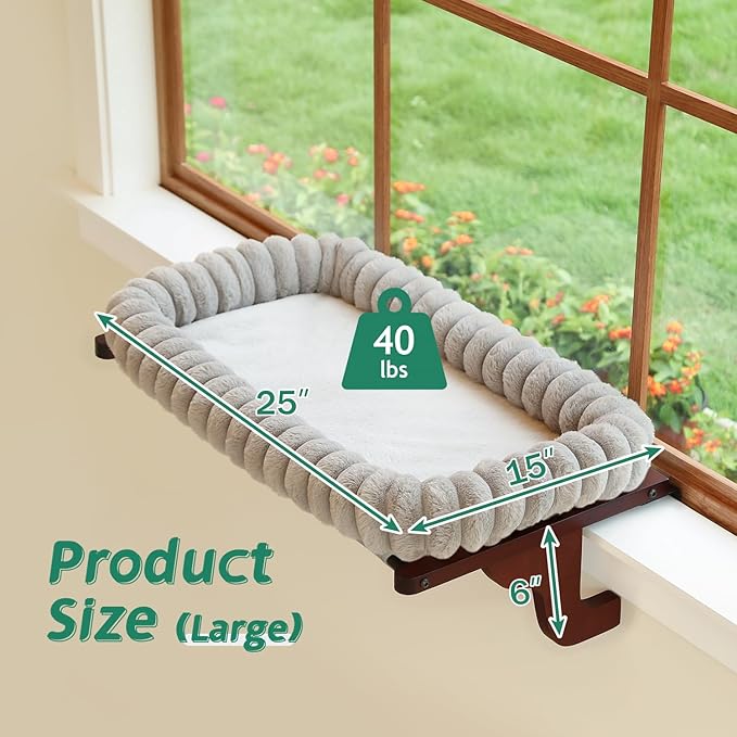 SnugCloud Cat Window Perch with 4-Sided Bolster - Orthopedic Cat Hammock for Window Sill - Solid Hardwood & Metal Frame - Window Seat for Pets (Dark Stained Wood w/Gray Bed, Large)