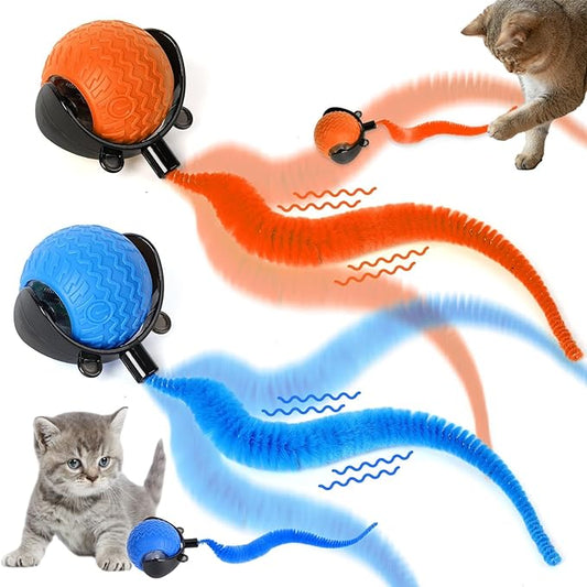2PCS Interactive Cat Toy for Indoor Cats, Speedy Ball with Tail, Automatic Moving Cat Balls for Bored Indoor Adult Cats, Two Speed Adjustment,360°Automatic Rolling Ball Toy (Blue+Orange)