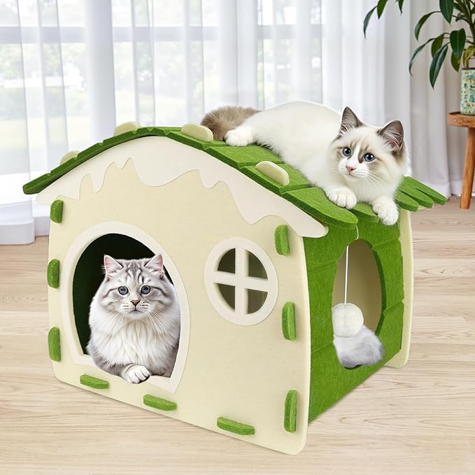 Babepets Cat House for Indoor Cats, Medium Felt Bed Cave with Ball Hanging, Foldable Detachable Cats Condo, Scratch Resistant Hideaway for Multiple Pets up to 20Lbs, House Cat Playhouse, Army Green