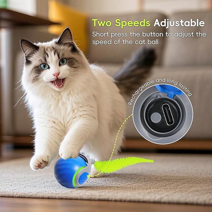 2PCS Speedy Tail Cat Toys 2.0, Interactive Cat Ball Toy for Bored Indoor Cats, Automatic Moving Pet Play Balls, Two Speed Adjustment with Replacement Tail