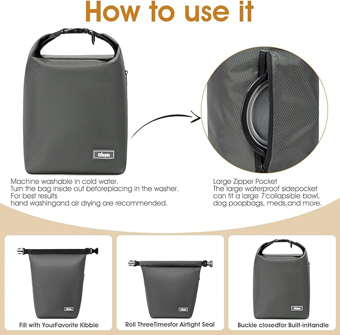 Waterproof Pet Food Storage Bag,Dog Food Container 20 lb w/2PCS Collapsible Dog Travel Bowls and Zipper Side Pocket(Gray, Large)