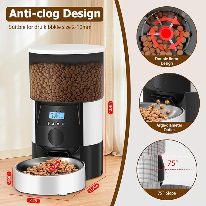 Automatic Cat Feeder, 3L Timed Dog Food Dispenser, Auto Dry Food Feeders for Pets, Programmable Portion Control, 4 Meals/Day, Dual Power Supply, 10s Voice Recorder (White and Black - Basic)
