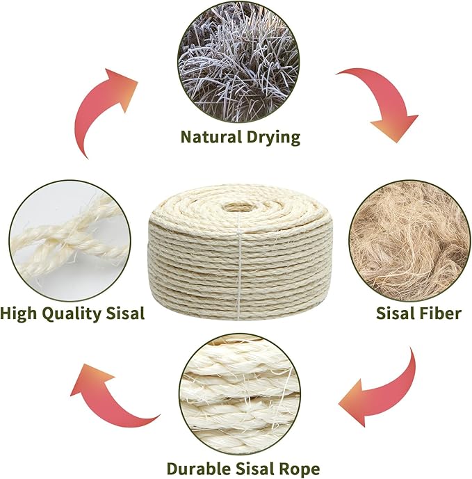 Cat Sisal Rope 164-Feet 4mm for Scratcher Repair and Replace Scratching Post, DIY Hemp Twine Rope for Cat Tree Tower Carpet Mat Kicker House, Pet Toy, and Crafts Gardening Home Decorating