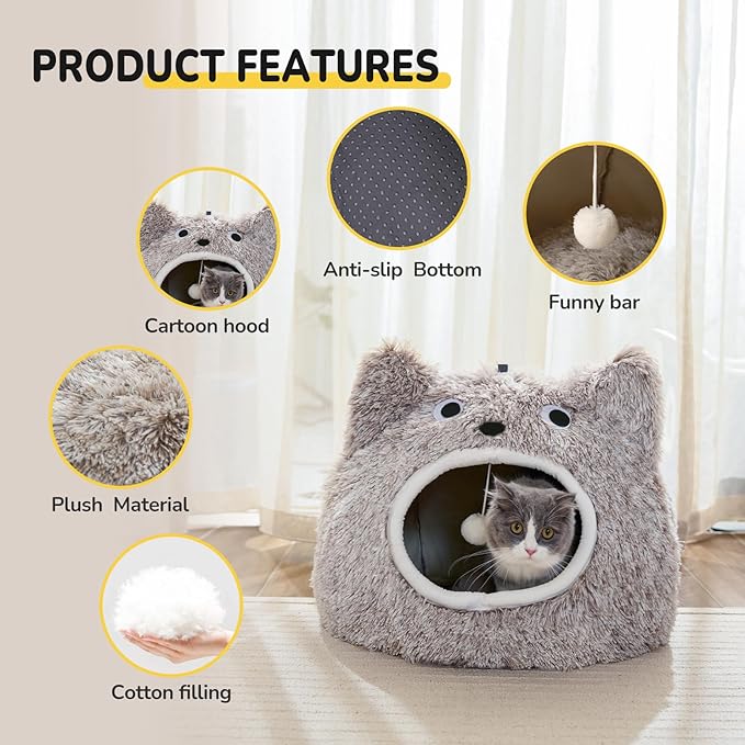 CATISM Cat Bed - Cat Beds for Indoor Cats, Soft Plush Cats Cave, Washable Cave with Toy Balls for Kitty and Small Animals